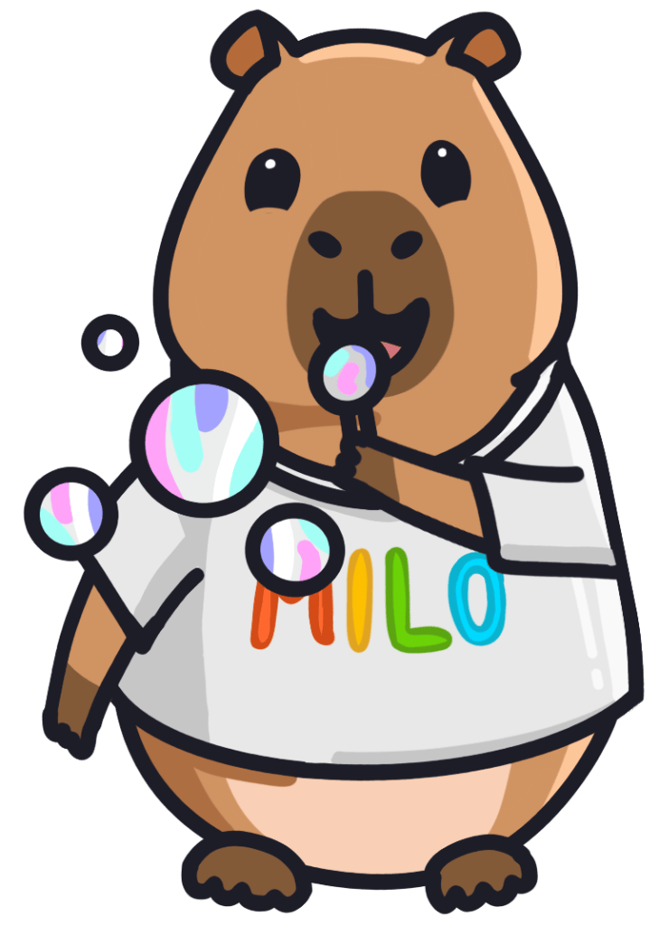 Karhu, kes peab šarikat ja kannab t-särki tekstiga 'MILO', hoiab käes suuresuurust puhub, samal ajal kui õhumullid lendavad ringi.